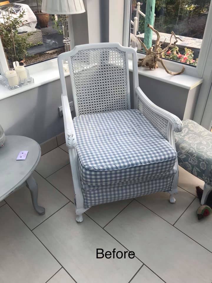 Before image of an armchair in a corner with check blue upholstery