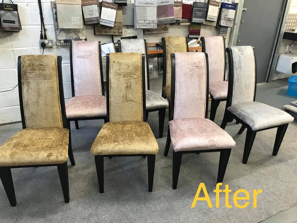 Set of newly upholstered dining room chairs in a workshop