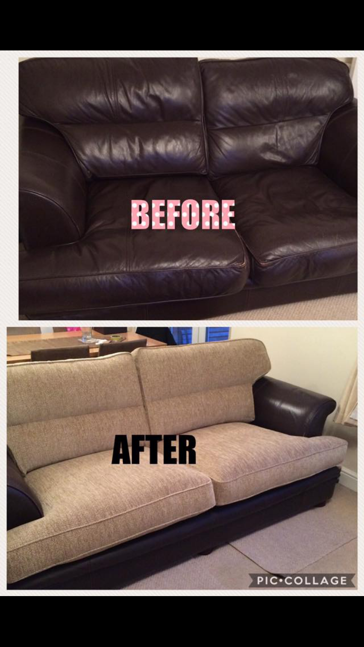 Before and after of re-upholstered sofa