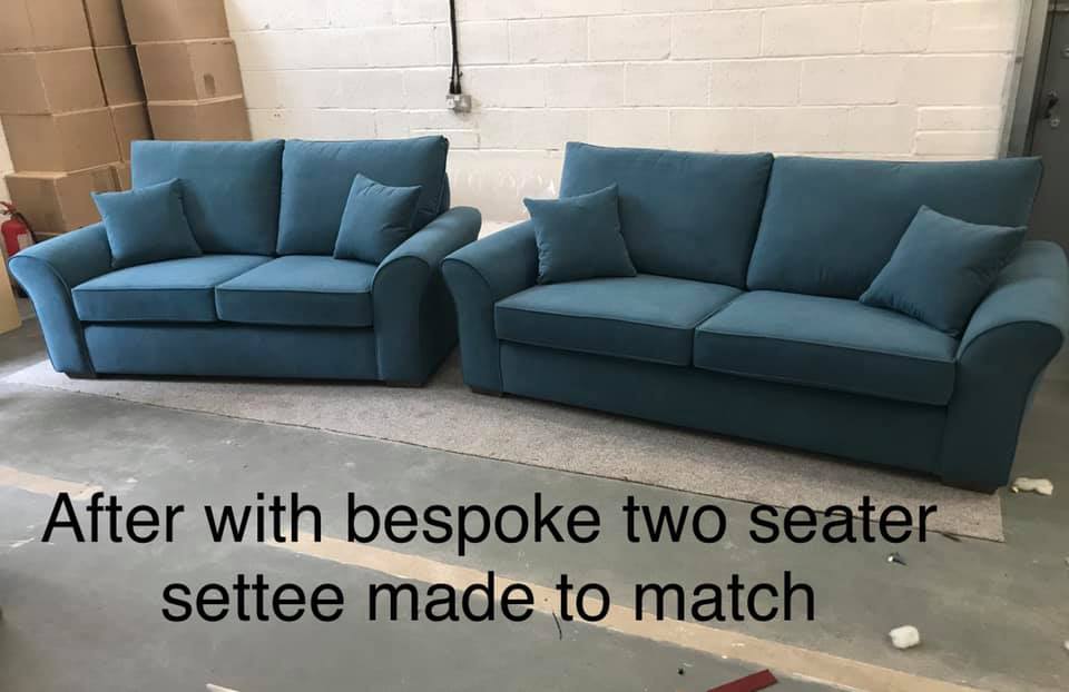 Two matching blue sofas