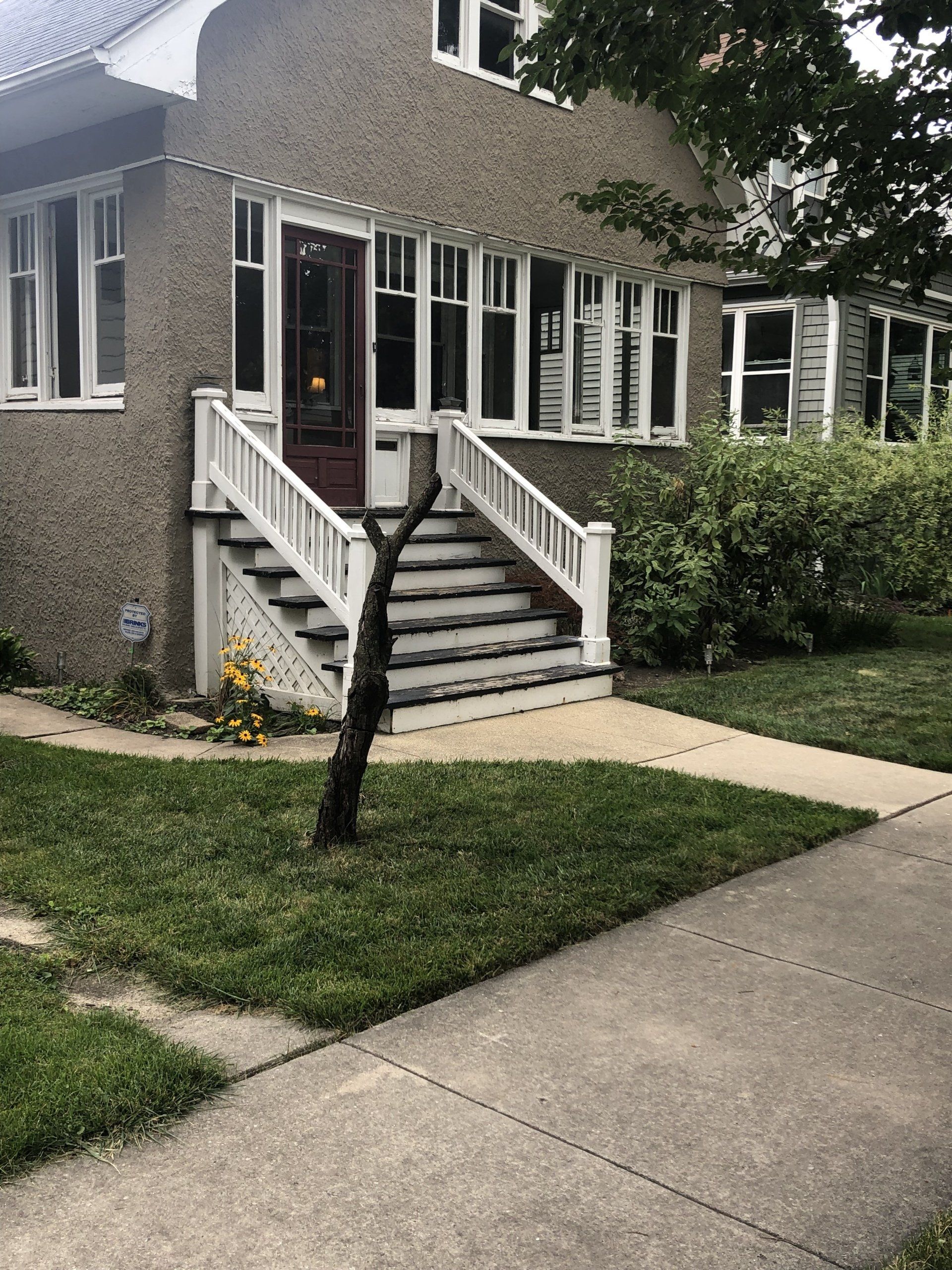 A house with stairs and a tree in front of it