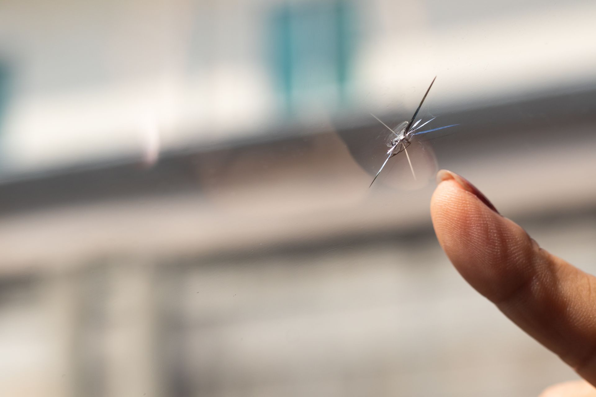 Finger touching a spiderweb-like crack in a glass window.