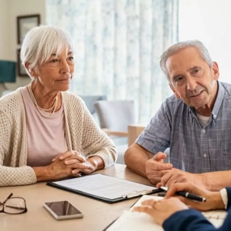 Senior couple reviewing documents with a person, possibly a consultant, at a table.