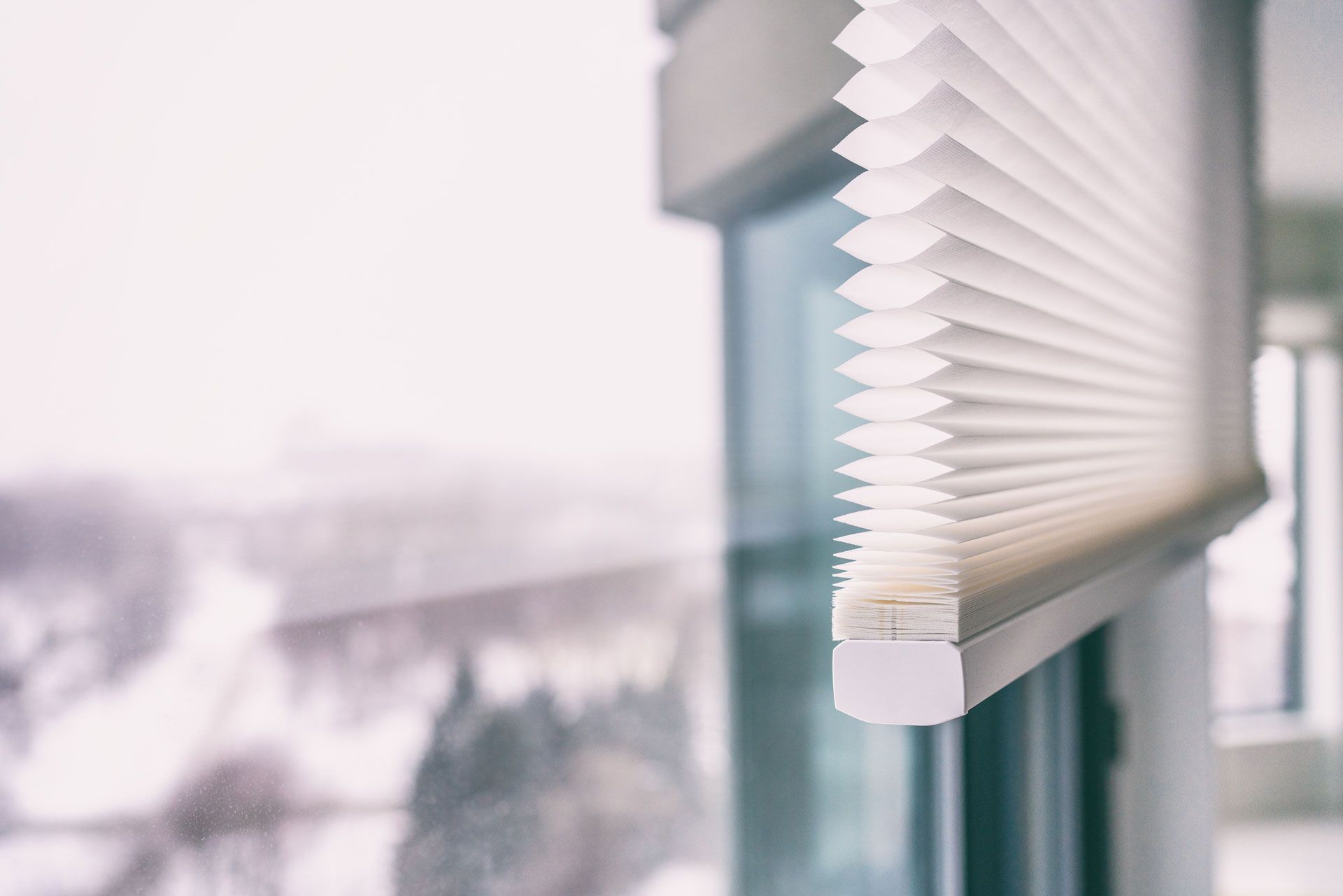 White pleated blinds partially covering a window, with a snowy outdoor scene visible.