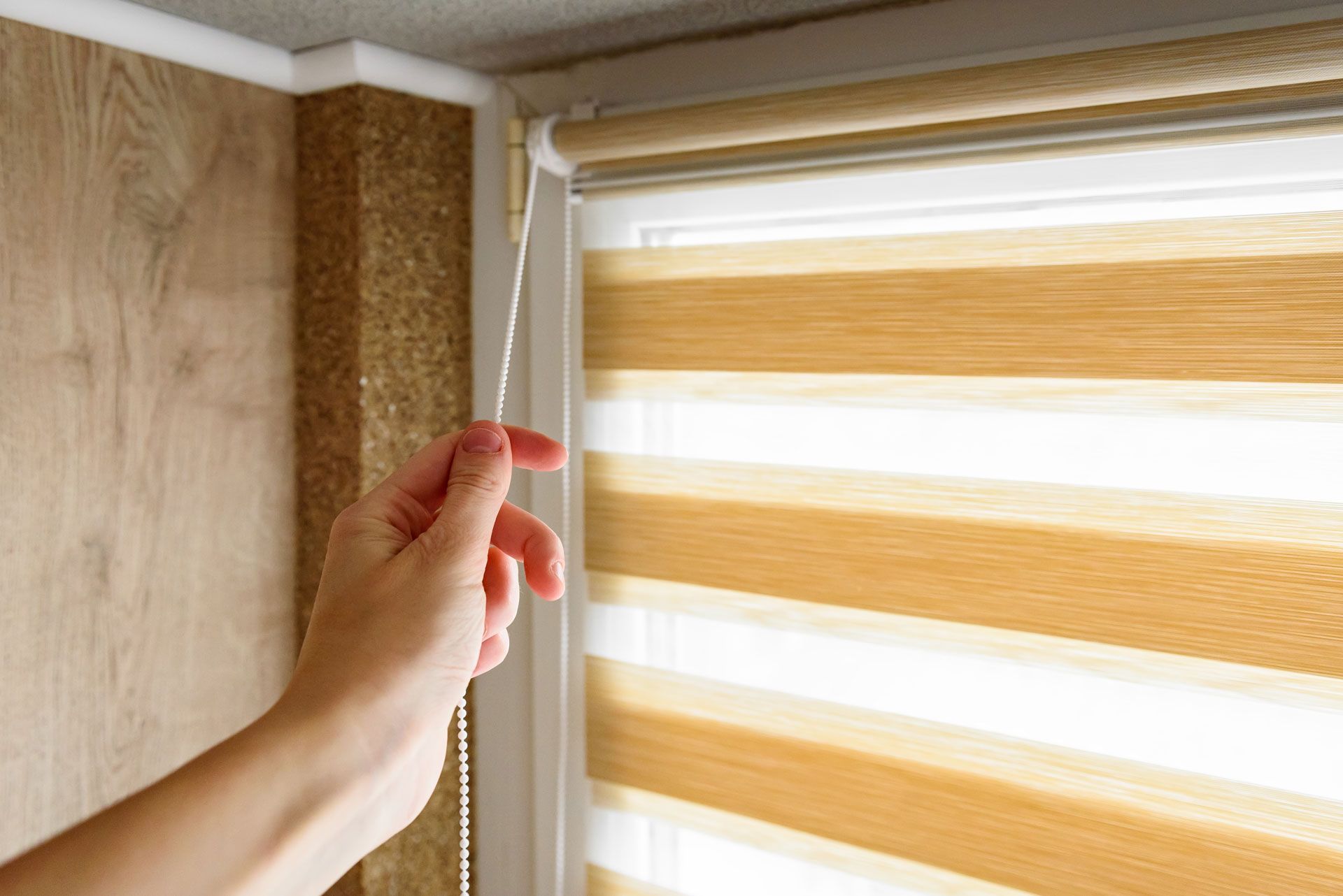 Hand pulling a cord to adjust a tan and white striped roller blind in a window.