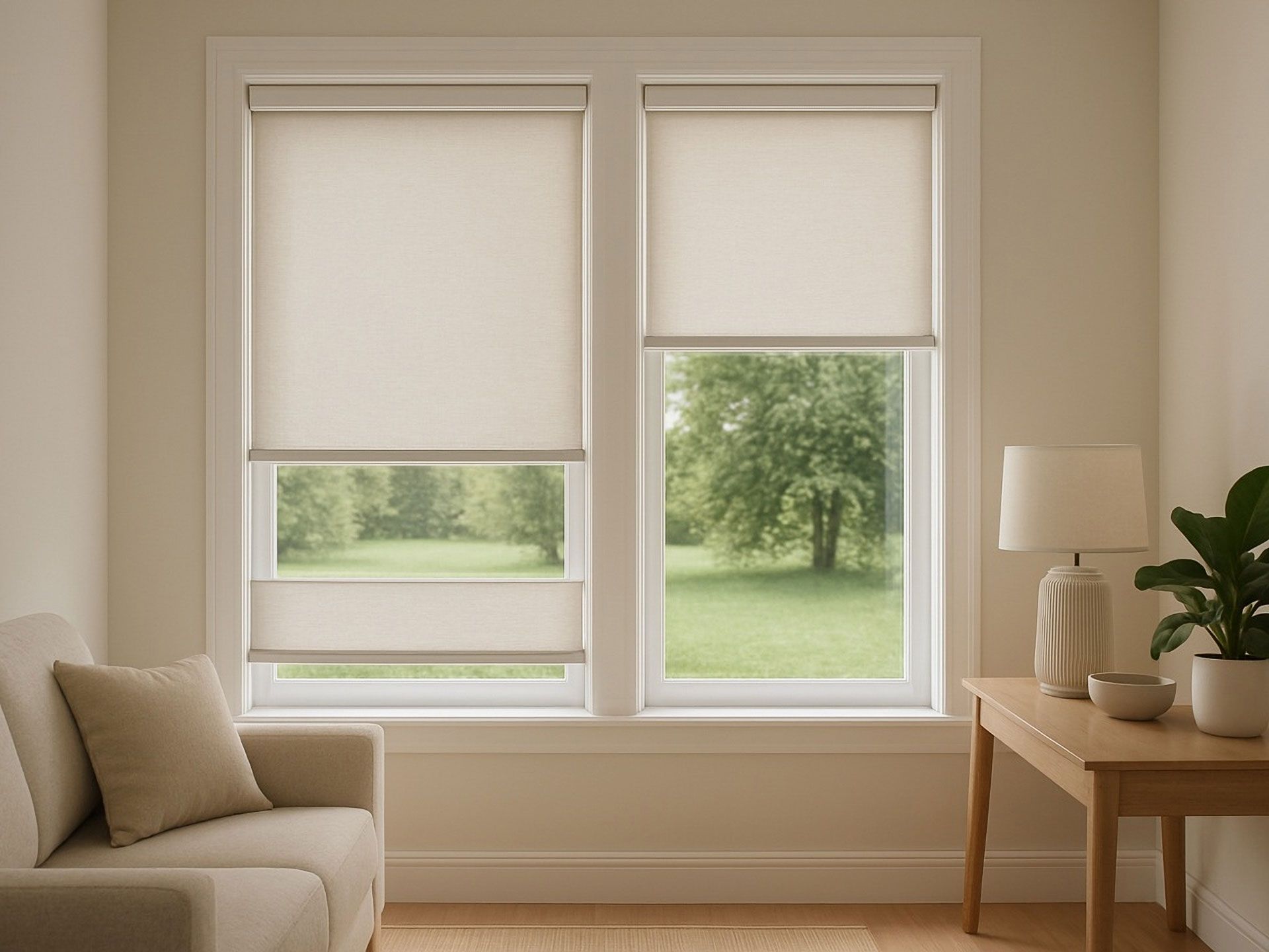 Two windows with beige roller shades, overlooking a tree-filled yard. Interior includes a sofa, lamp, and table.