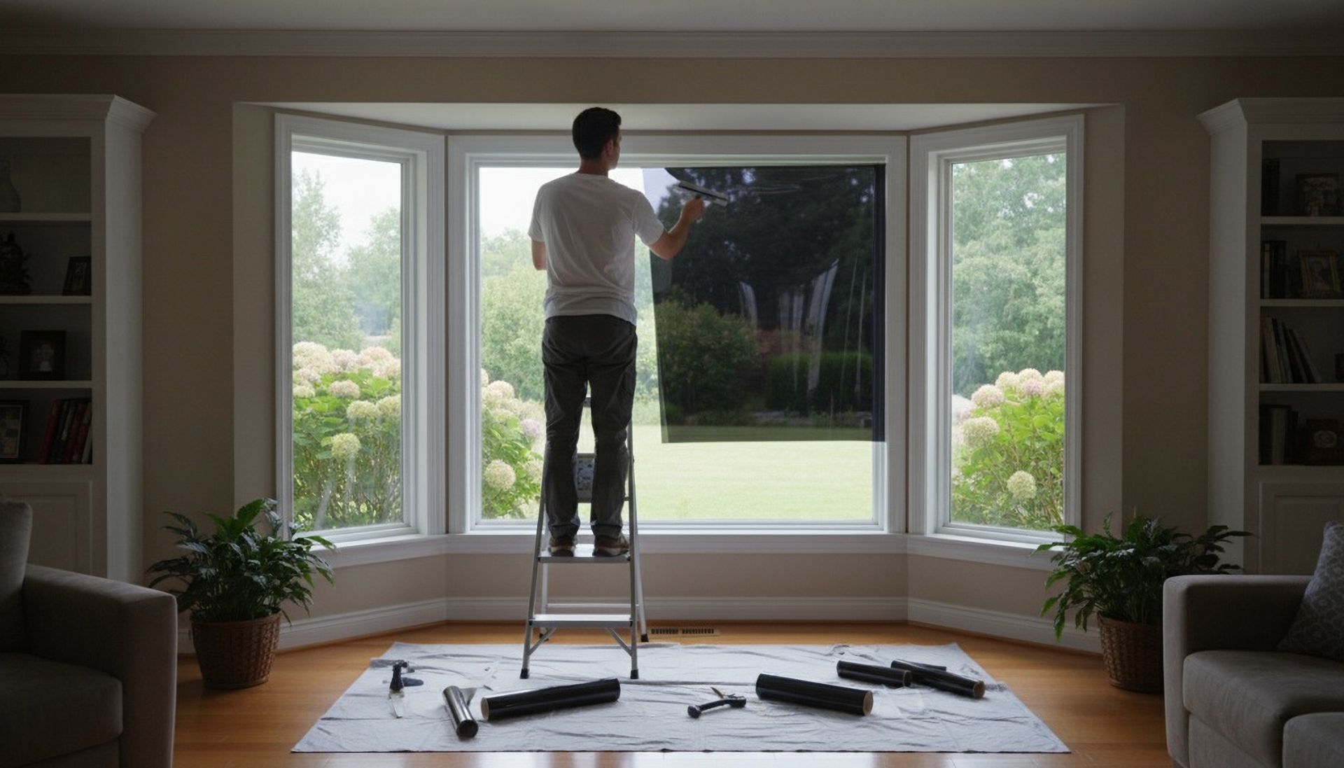 Person on a ladder applying tint to a large window in a living room; various tools on the floor.