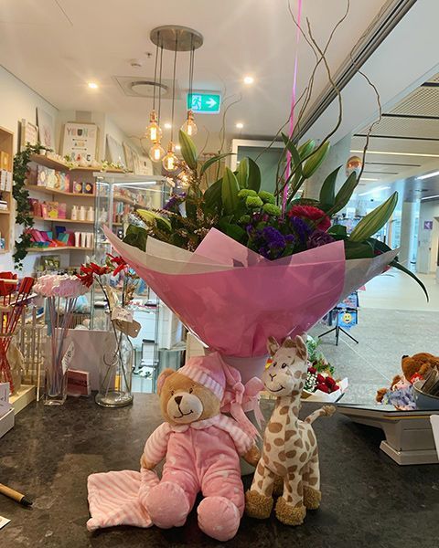 A Pink Teddy Bear and A Giraffe Are Sitting Next to A Bouquet of Flowers — Ivy Lane Flowers & Gifts in Mooloolaba, QLD