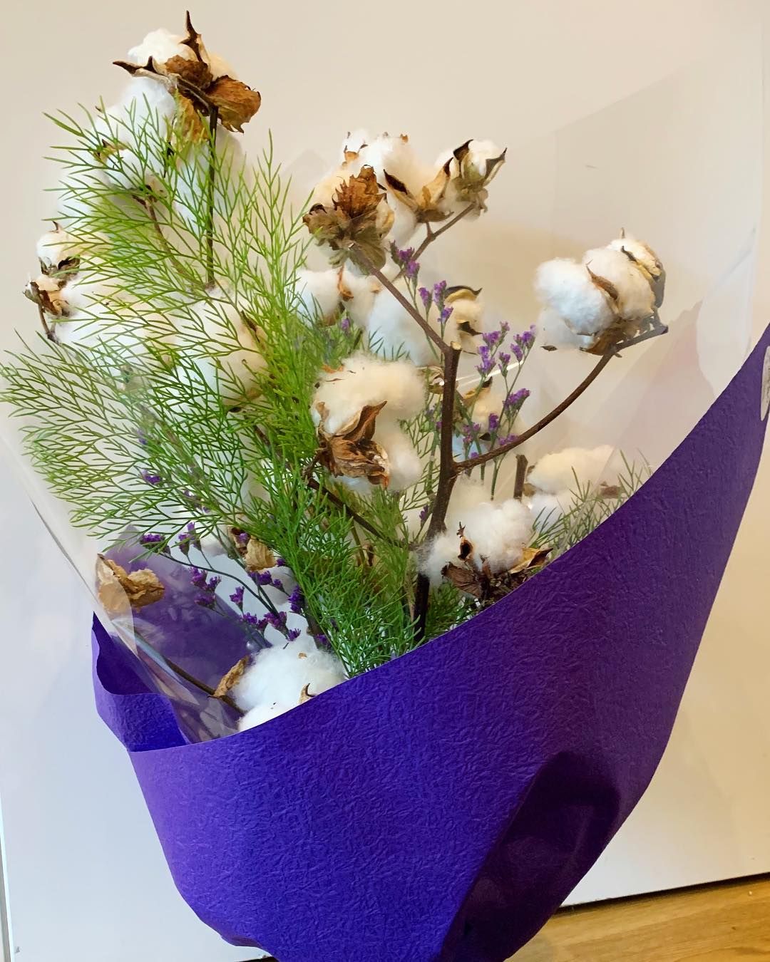 Bouquet of Cotton Bolls, Green Sprigs, and Small Purple Flower — Ivy Lane Flowers and Gifts in Mooloolaba