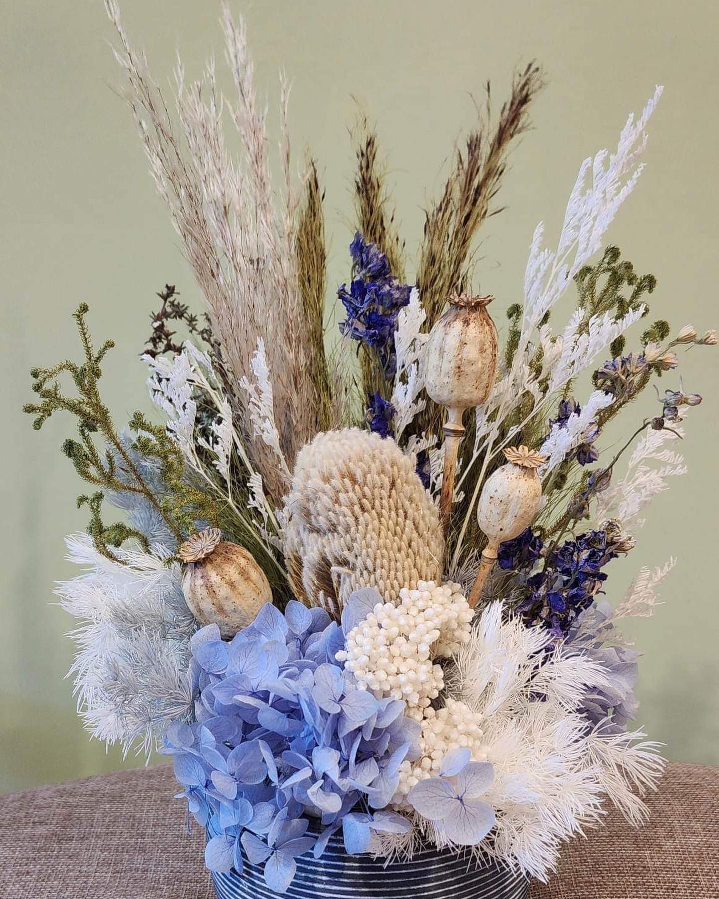 Blue Hydrangea, Poppy Pods, Beige Grasses — Ivy Lane Flowers & Gifts in Birtinya, QLD