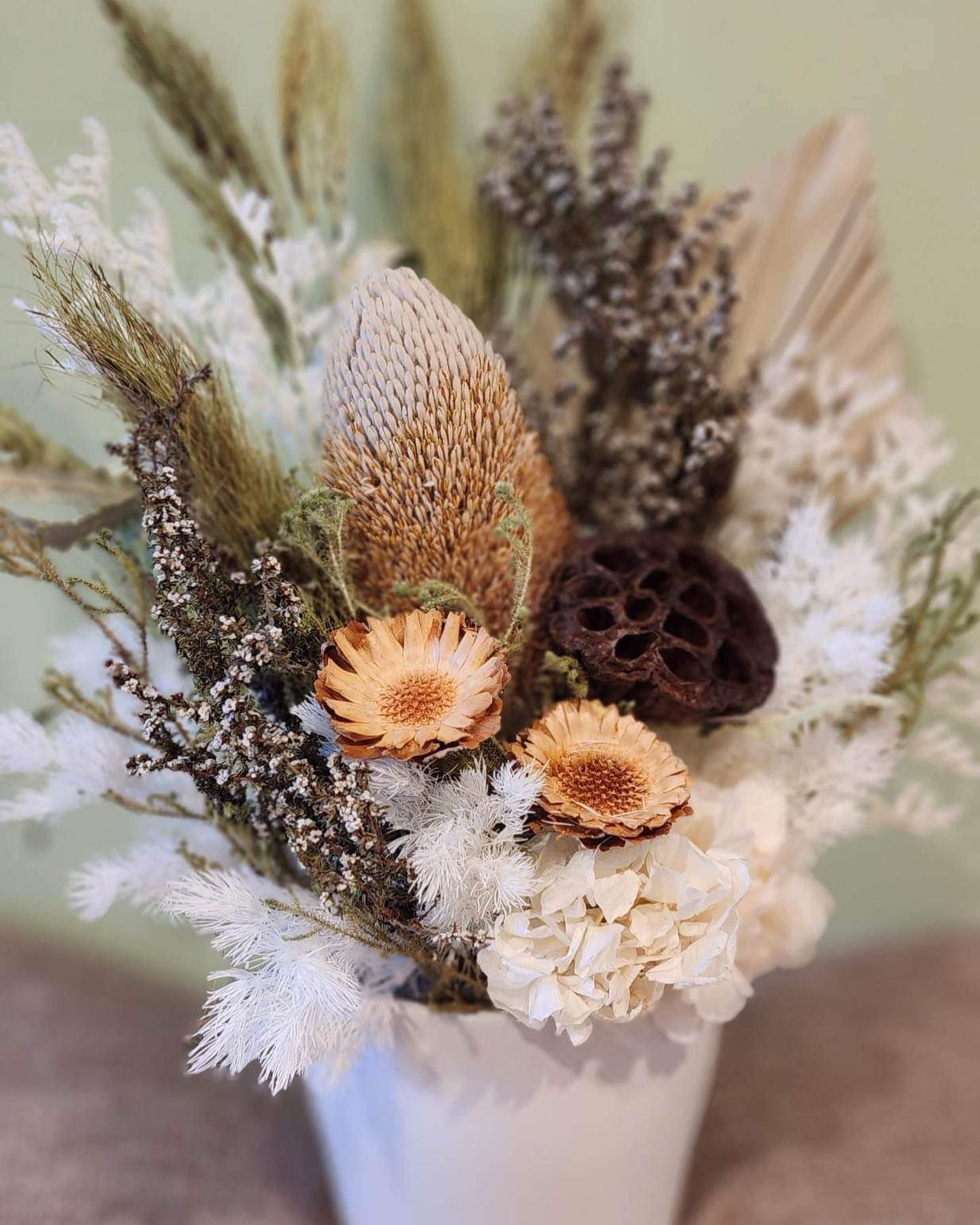 Dried Flower Arrangement in White Vase — Ivy Lane Flowers and Gifts in Buderim