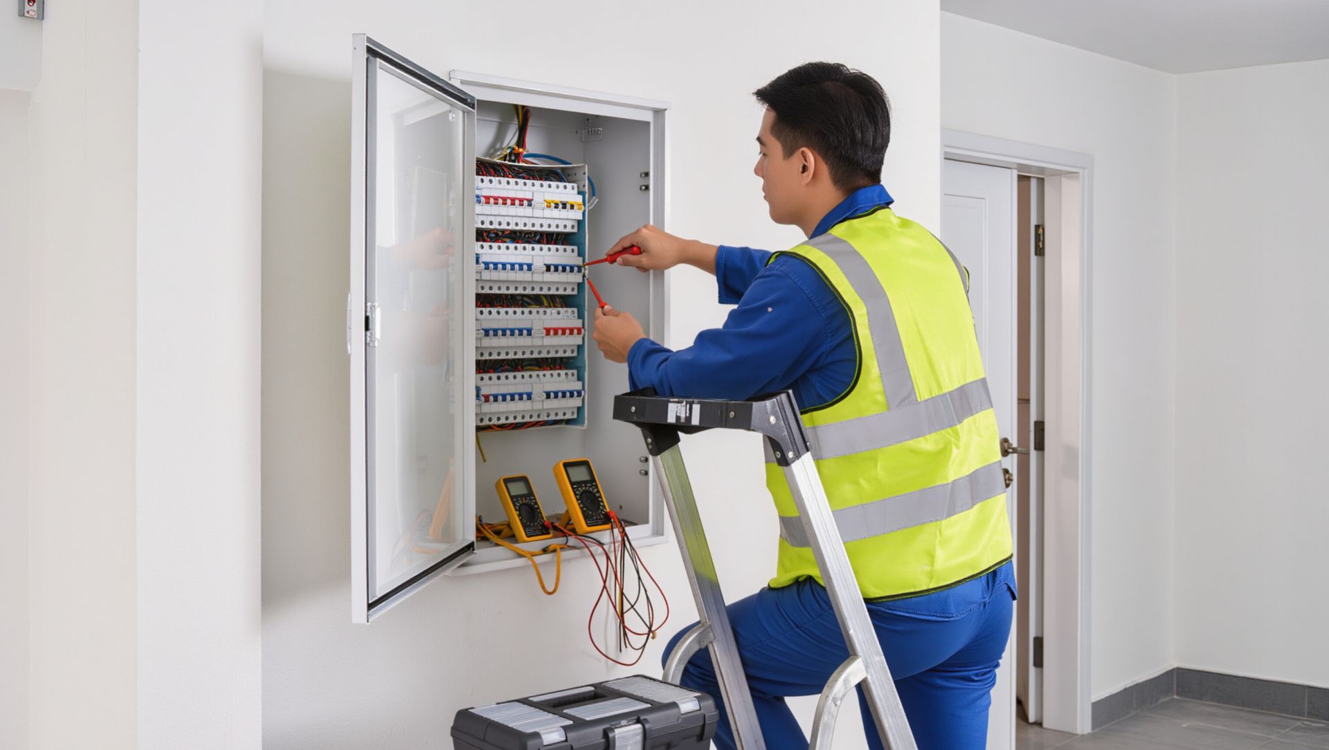 Technician inspecting an open electrical panel in a hallway, standing on a step ladder wearing a safety vest. Technician inspecting an open electrical panel in a hallway, standing on a step ladder wearing a safety vest.