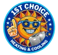 Logo for 1st Choice Heating & Cooling: smiling sun with sunglasses, fan, and AC unit.