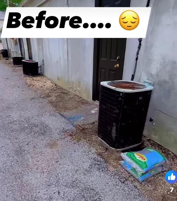 Black air conditioning units against a concrete wall in an alley, bags of fertilizer lie nearby. Text: 