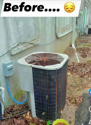 Before: A damaged air conditioning unit outside a building, with a sad face emoji above.