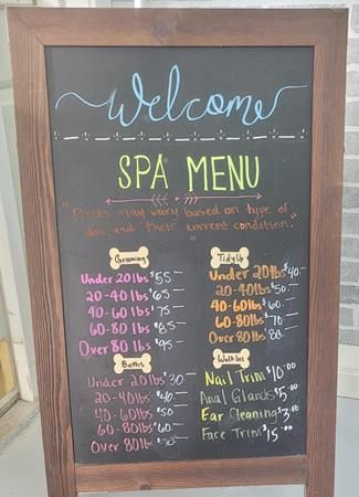 A woman is standing next to a dog on a grooming table.