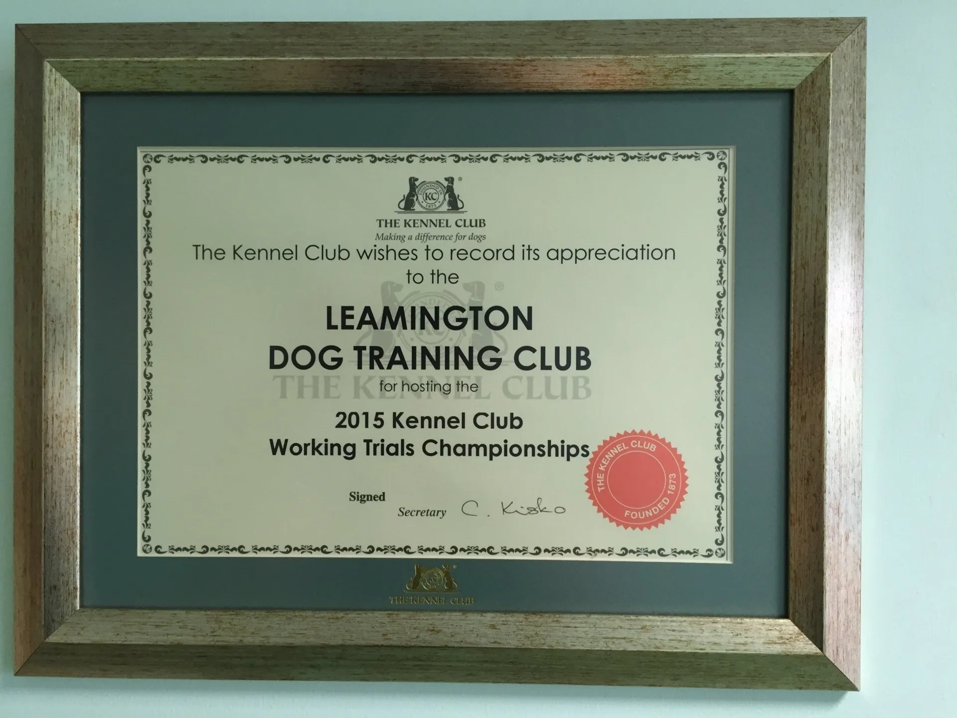 This certificate was presented to the club when the ran the Kennel Club Championships in 2015