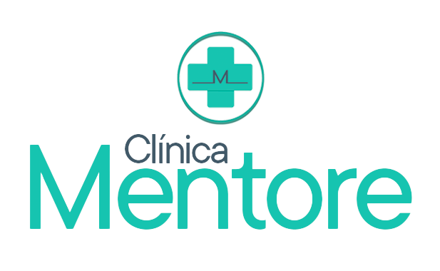 Logotipo da Clínica Mentore: ícone de cruz turquesa com um 