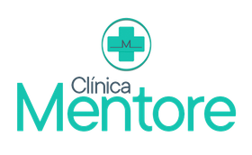 Logotipo da Clínica Mentore: ícone de cruz turquesa com um 