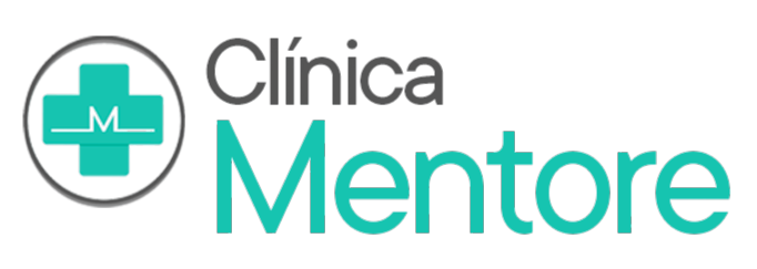 Logotipo da Clínica Mentore, apresentando uma cruz turquesa dentro de um círculo e o nome em cinza e turquesa.