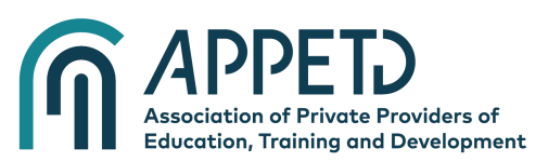Logo for the Association of Private Providers of Education, Training and Development, APPETD. Teal and navy colors.