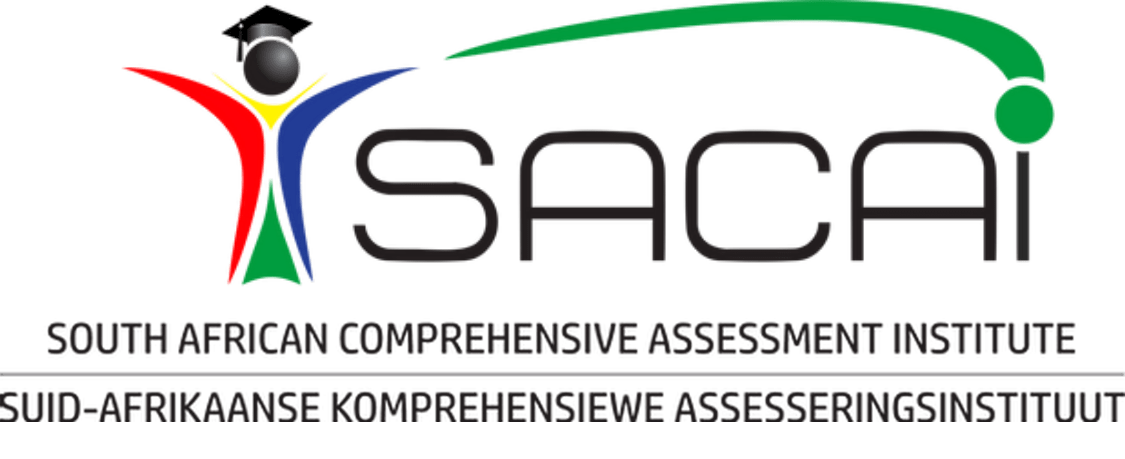 Logo for South African Comprehensive Assessment Institute: stylized person with graduation cap, SACAI text, and arc.