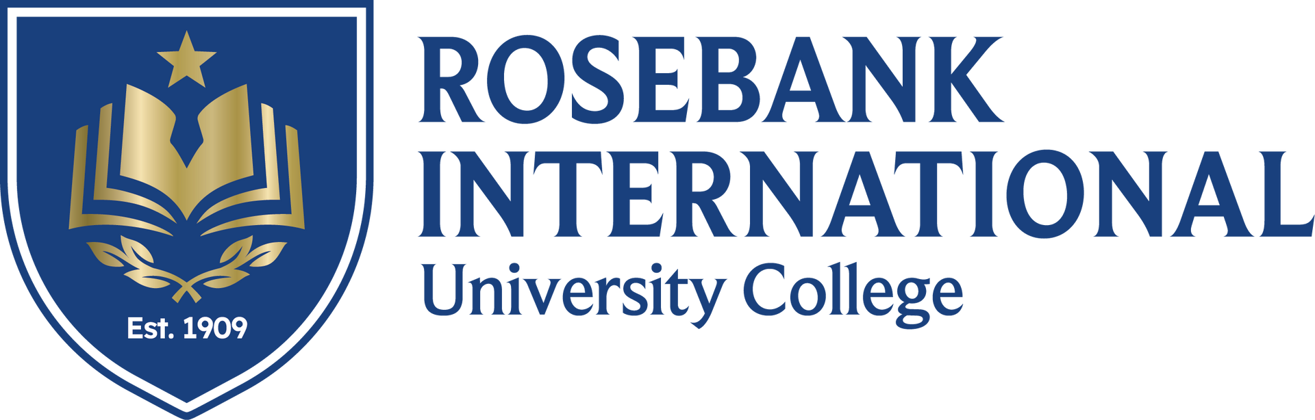 Rosebank International University College logo: a blue shield with a golden book and a star.