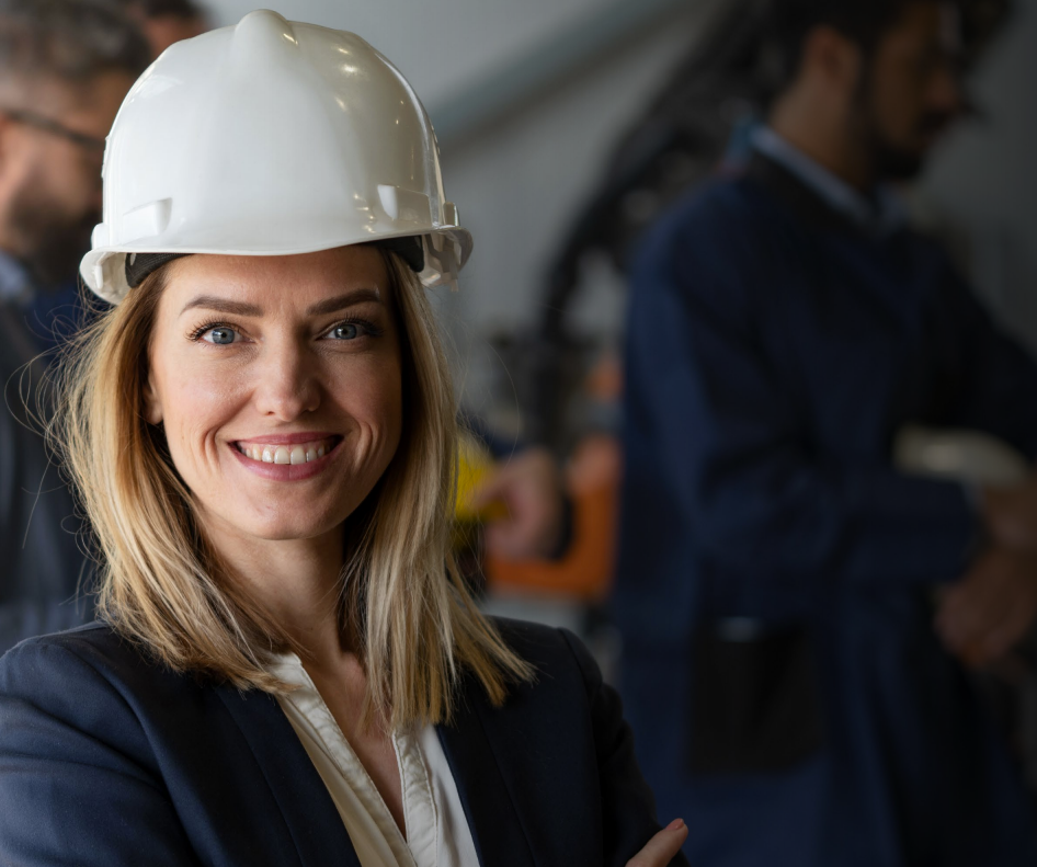 Woman with arms crossed, wearing blue polka dot shirt, standing outside a building, looking directly at the camera.