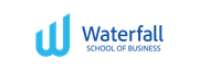 Logo of Waterfall School of Business, with a blue stylized 