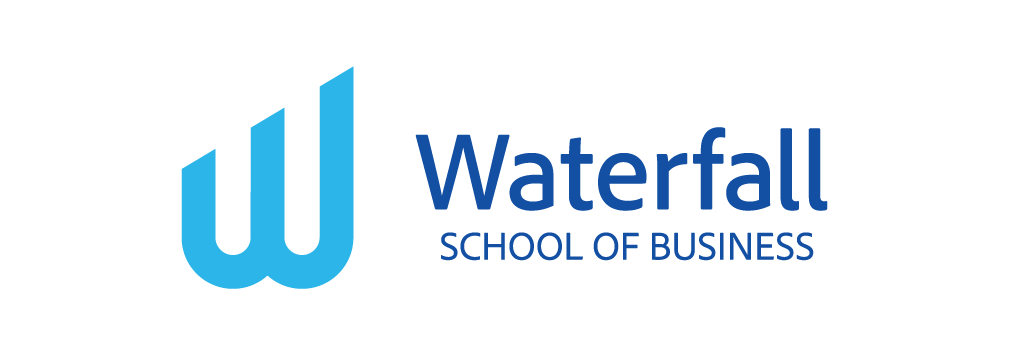 Logo of Waterfall School of Business, with a blue stylized 