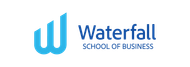 Logo of Waterfall School of Business, with a blue stylized