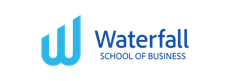 Logo of Waterfall School of Business, with a blue stylized