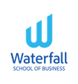 Blue logo for Waterfall School of Business: stylized 
