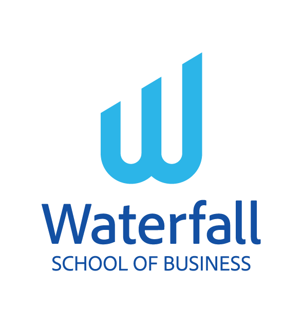 Blue logo for Waterfall School of Business: stylized 