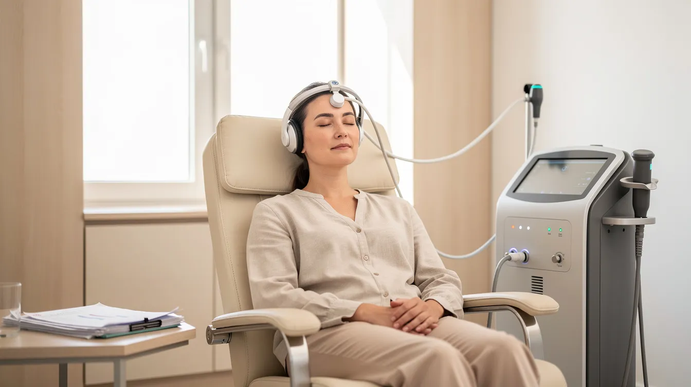 A patient is seen relaxing in a comfortable clinical setting during a transcranial magnetic stimulation (TMS) therapy session, aimed at treating major depressive disorder and other mental health conditions. The environment is tranquil, promoting a sense of calm as targeted magnetic pulses stimulate specific brain regions to help reduce symptoms of treatment-resistant depression.