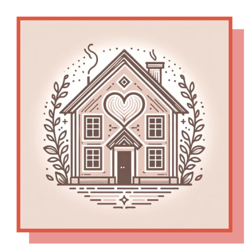 A line drawing of a house with a heart on the roof surrounded by leaves.