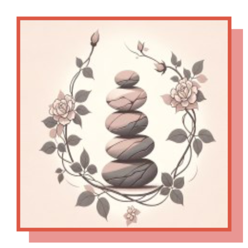 A stack of rocks surrounded by flowers on a pink background.
