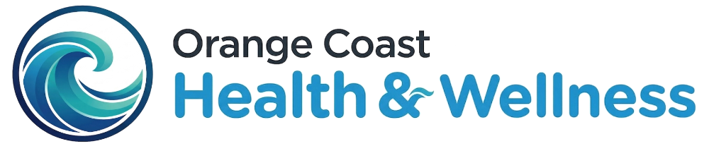 Logo for Orange Coast Health & Wellness featuring a blue wave icon inside a circle next to the text.