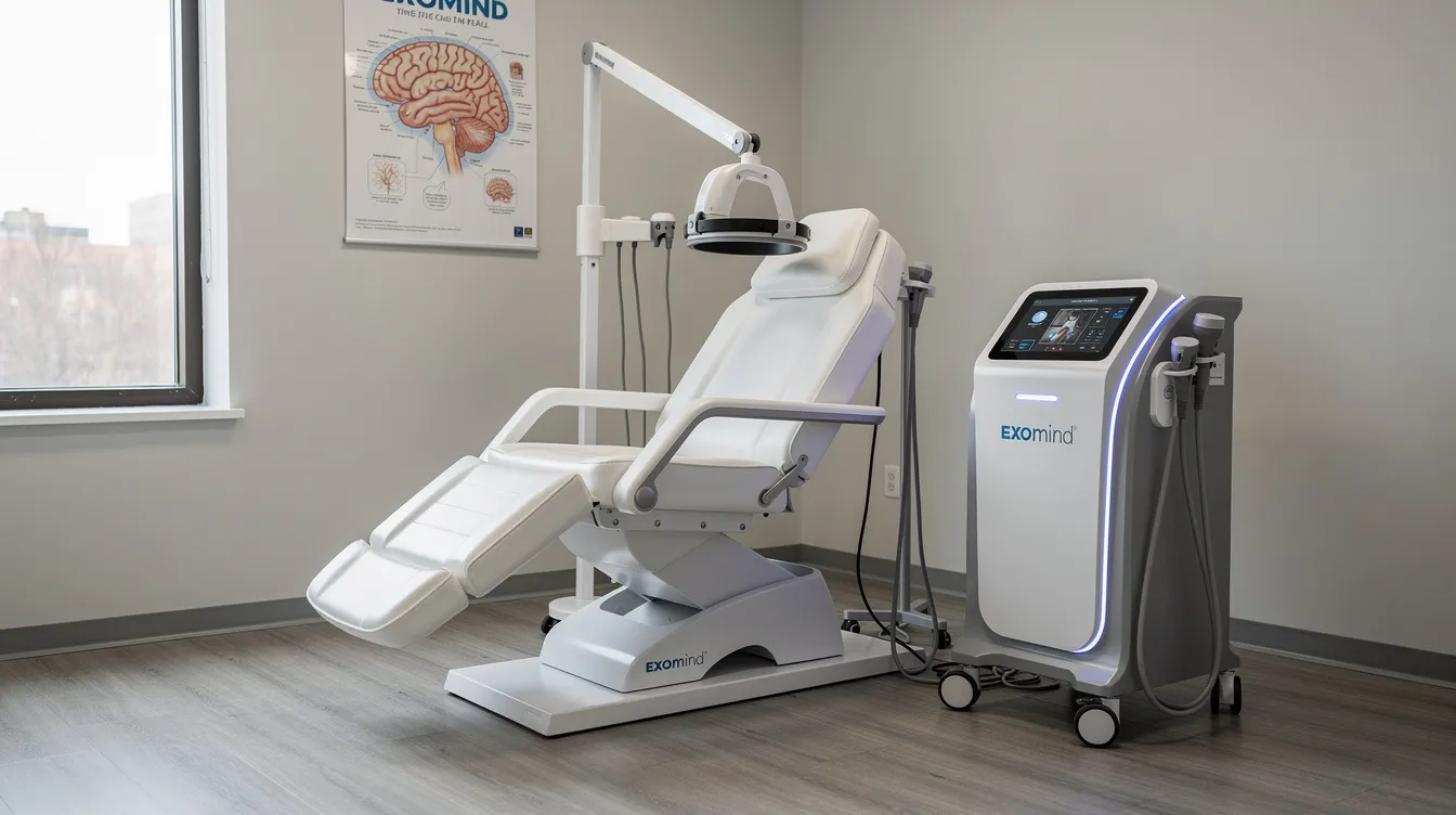 The image depicts a modern clinic office set up for transcranial magnetic stimulation (TMS) therapy, featuring a TMS machine with a magnetic coil positioned near a comfortable treatment chair. This non-invasive mental health treatment is designed to help individuals with conditions such as major depressive disorder and treatment-resistant depression by using magnetic pulses to stimulate nerve cells in the brain.