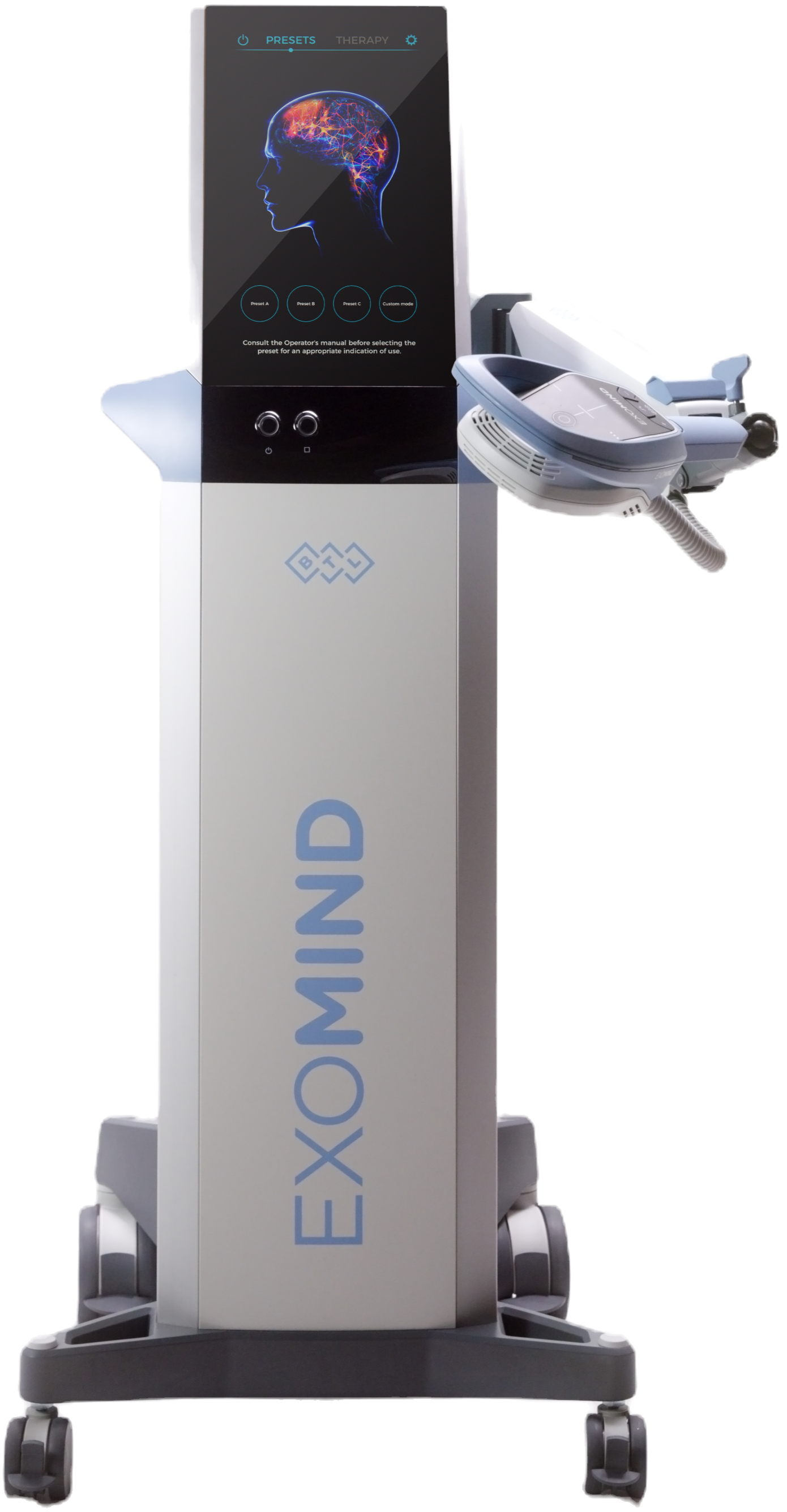 A light-gray EXOMIND medical device on wheels featuring a tall vertical screen and a side-mounted clinical accessory arm.