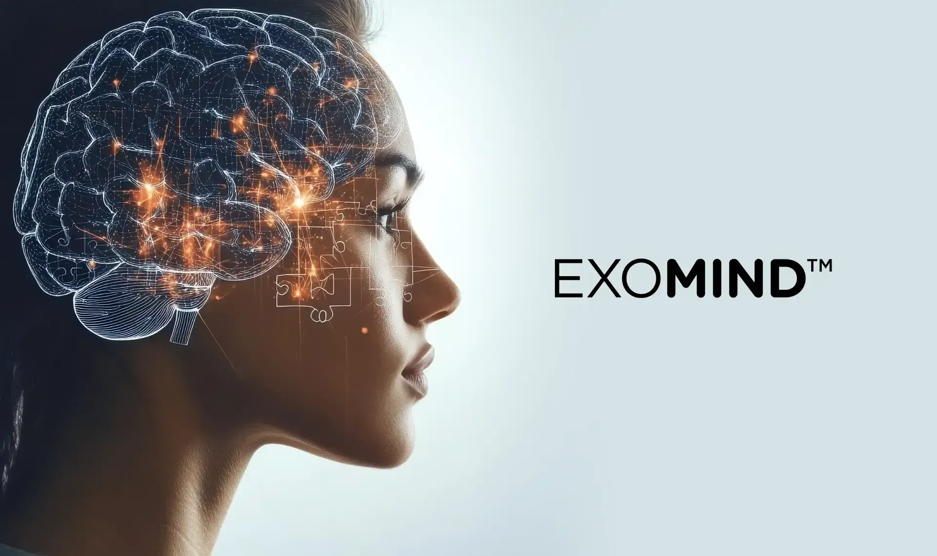 Human profile with glowing neural network lines and the word “EXOMIND” on a light background