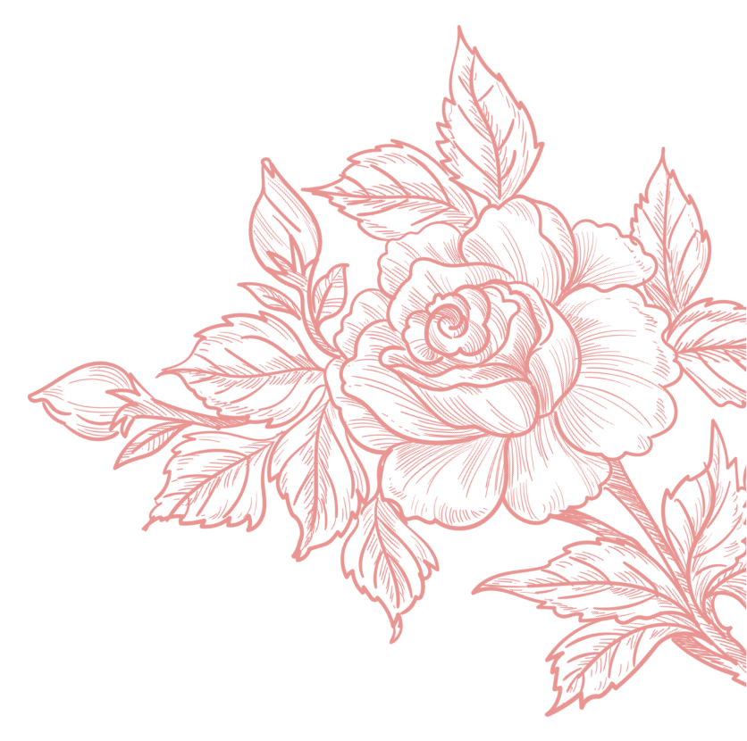 A drawing of a pink rose with leaves on a white background