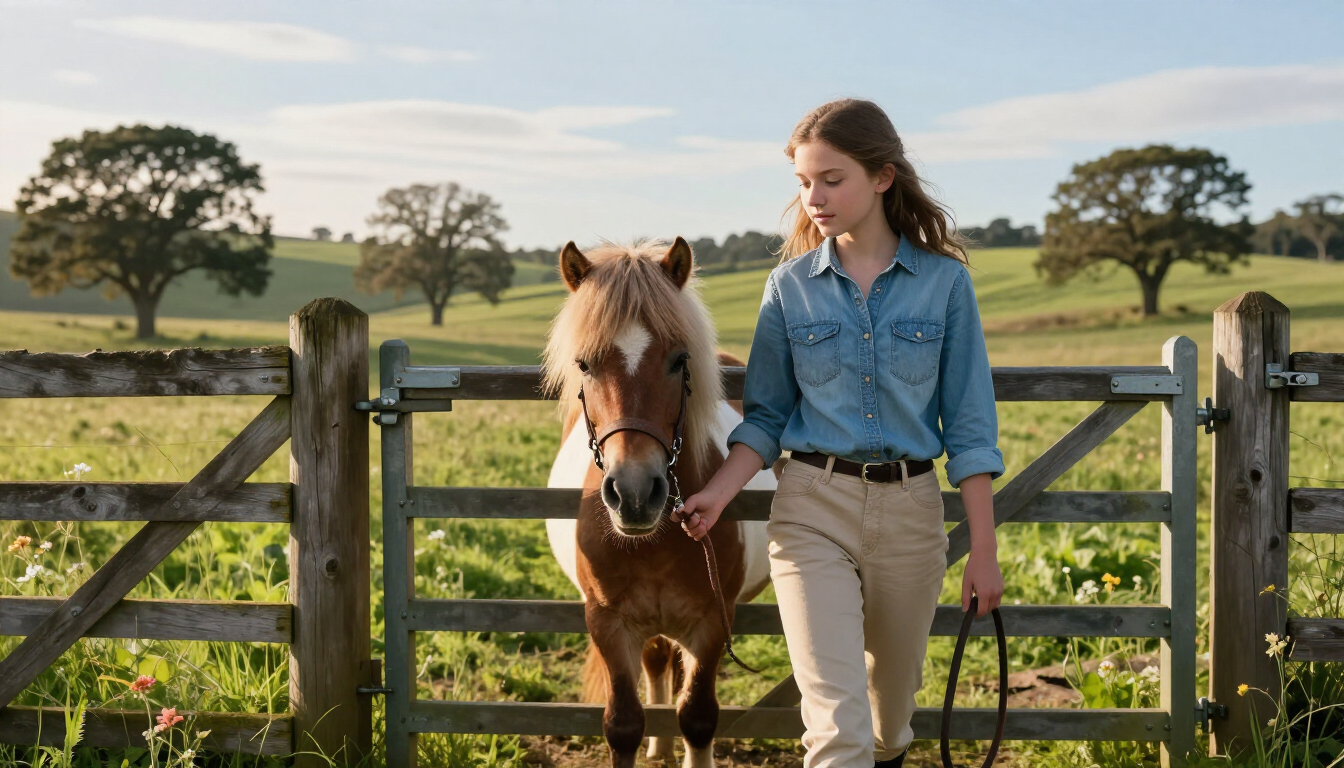 Young girl leading a pony on a farm