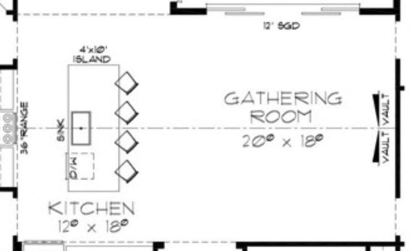 A black and white floor plan of a kitchen and gathering room