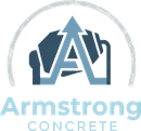 Logo for Armstrong Concrete. Blue image of cement mixer forming letter A, with upward arrow, within a gray arch.