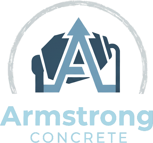 Logo for Armstrong Concrete. Blue image of cement mixer forming letter A, with upward arrow, within a gray arch.