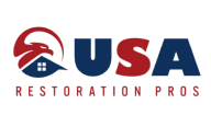 The logo for usa restoration pros has a house and an eagle on it.