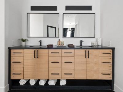 vanity sink with wooden cabinets