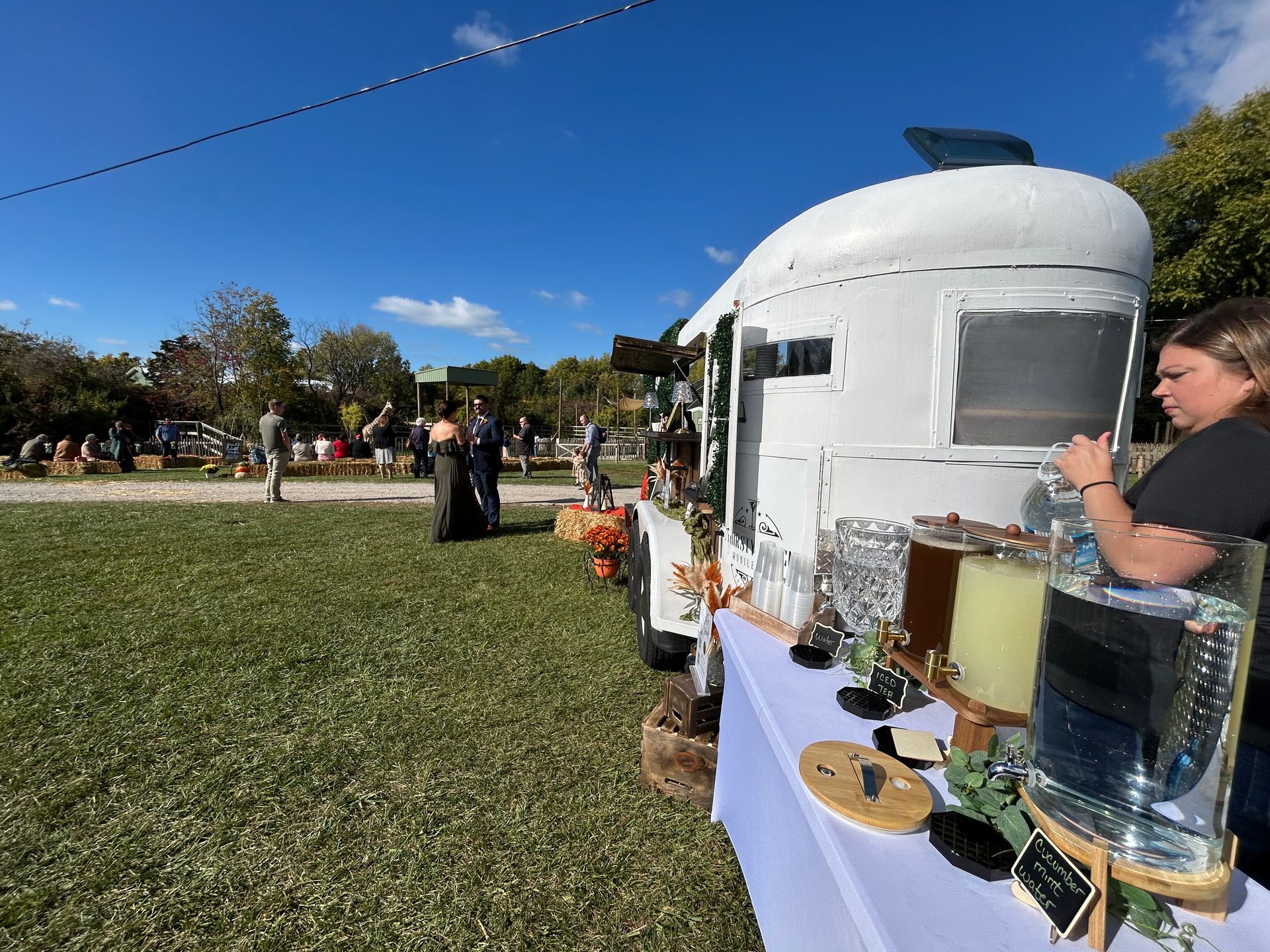 White bar trailer at an outdoor event, with a person serving drinks. Blue sky, green grass.