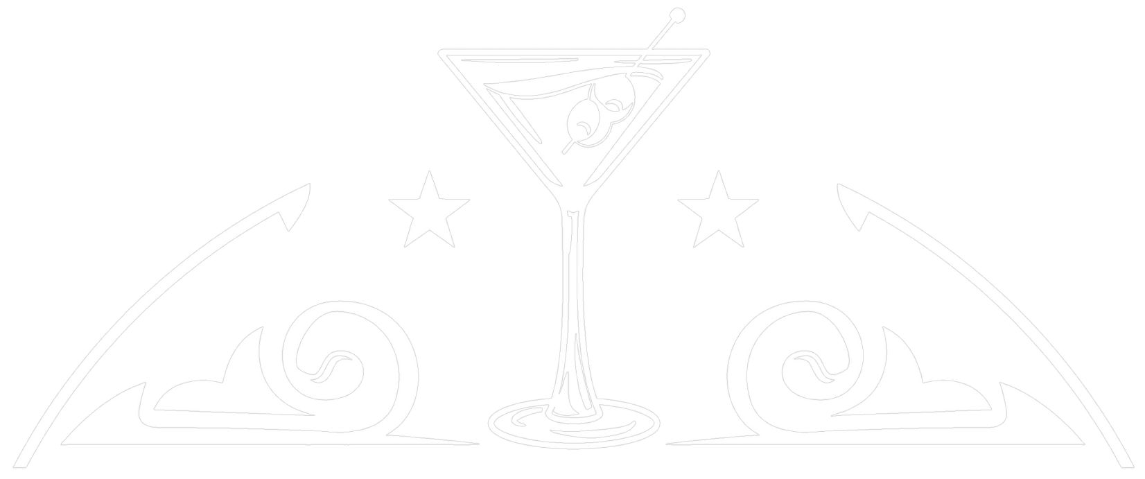 White line art of a cocktail glass with decorative scrollwork, possibly a logo.